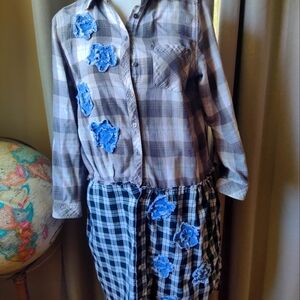 Upcycled paid dress with jean fabric flowers.